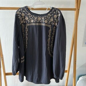 J. Jill Blue Gauze Tunic Embroidered YokeSize XL Long Sleeve